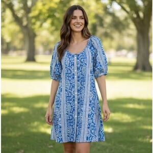 Livro Mini Dress Puff Sleeve Button Front Hand Block Mini Printed Blue Womens S